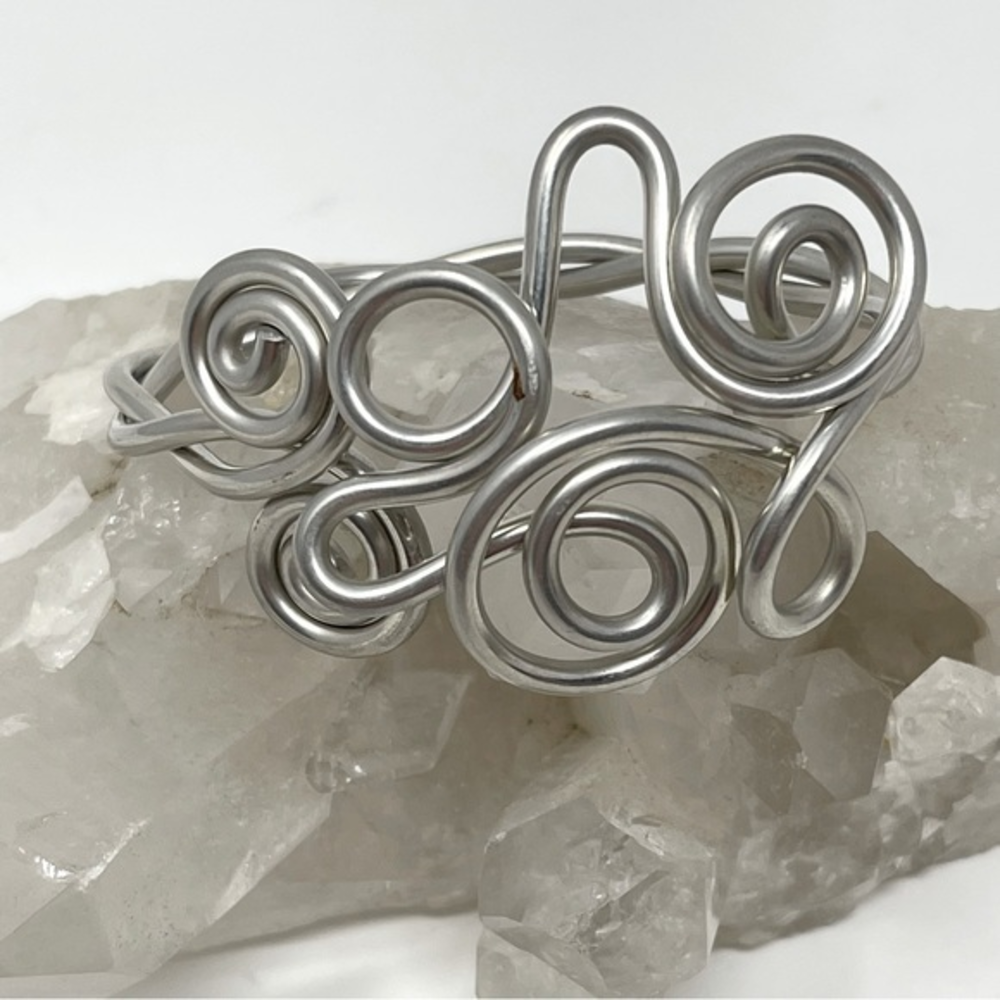 Bracelet Swirls‎ Handmade Wire Art Design Adjustable slip on Wrist Silver Wire